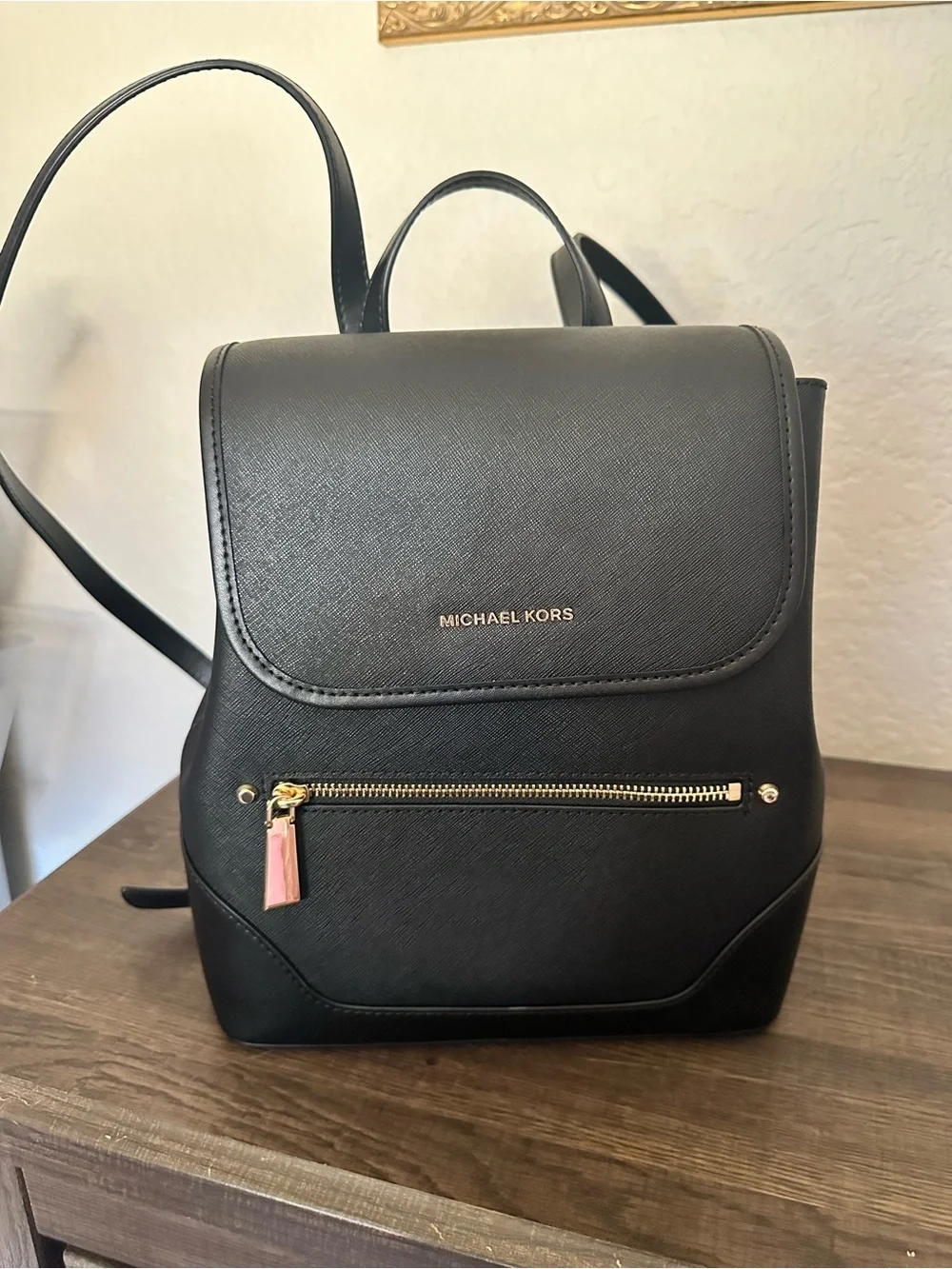 Michael Kors Black Saffiano Leather Mini Backpack with Gold Hardware